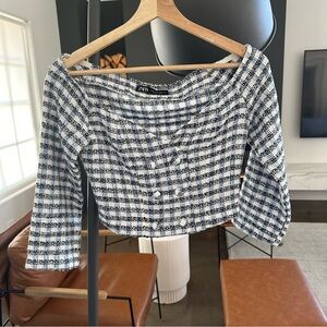Zara Women's Blue and White Checked Tweed Blouse